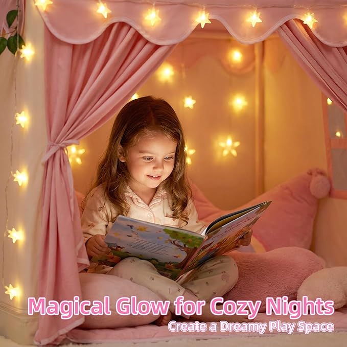 Kids Tent for Grils Indoor: with Mat, Star Lights - Pink Play Tents for Kids Indoor Playhouse - Princess Tent for Playroom Gift for Girls Birthday (Pink W/Cloth)