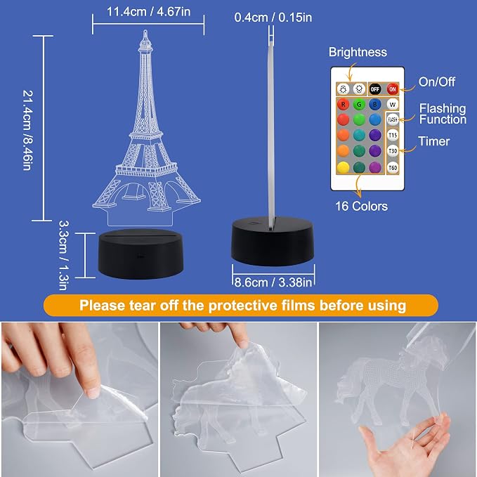 FULLOSUN Eiffel Tower Nightlight 3D Illusion Lamp Visual Bedroom Decoration LED Lamp with Remote Control 16 Color Changing Paris Fashion Style Acrylic Gifts for Birthday Xmas