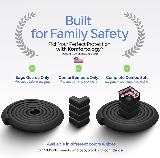 Baby Proof Corners & 15ft Edges with Furniture Corner & Edge Safety Bumpers, Impact-Absorbent Bumper & 4 Foam Corner Protectors, Cushy, Thick, Odorless Table Edge Protectors for Baby, Child | Black
