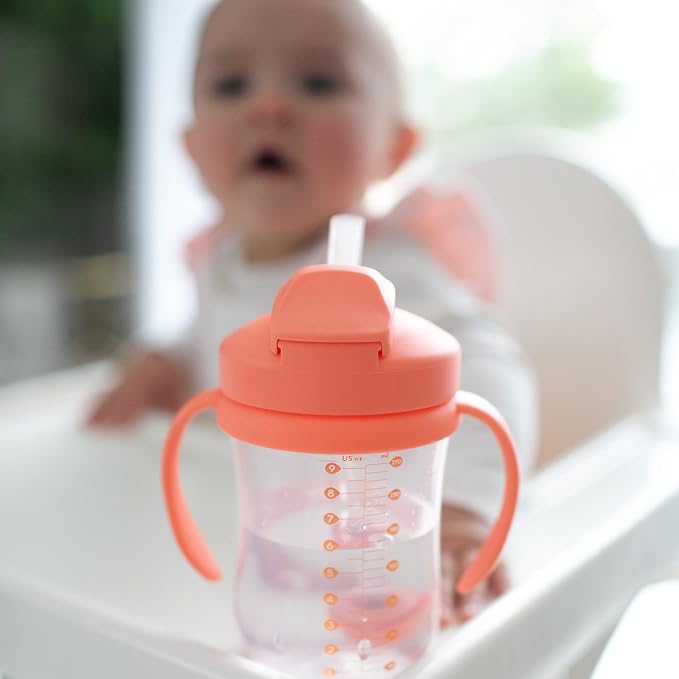 Dr. Brown’s Milestones Baby’s First Straw Cup, Training Cup with Weighted Straw, Coral, 6m+ & Transition Sippy Cup with Soft Spout - Pink - 6oz - 6m+