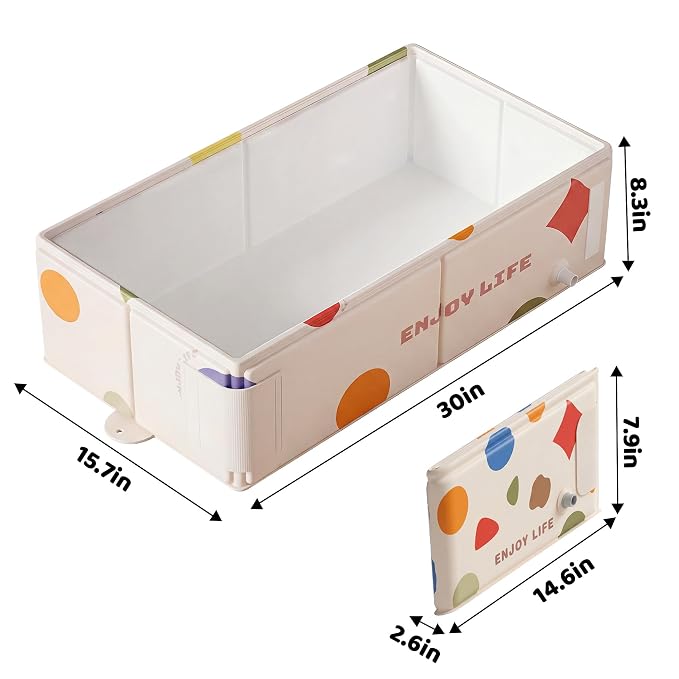 Collapsible Baby Bathtub for Newborn to Toddler, Foldable Toddler Bathtub with Drain Plug, Non-Slip Portable Infant Bath Tub for Travel Storage Outdoor Use, Cream Geometric