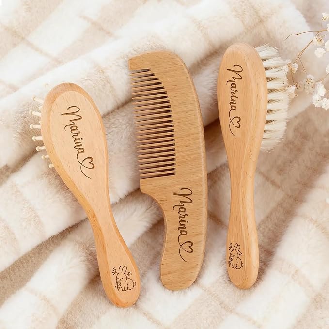 Custom Engraved Name Wooden Baby Brush And Comb Set For Newborns, Personalized Baby Shower Keepsake Gift, Soft Goat Bristle Hairbrush For Toddler Boys & Girls