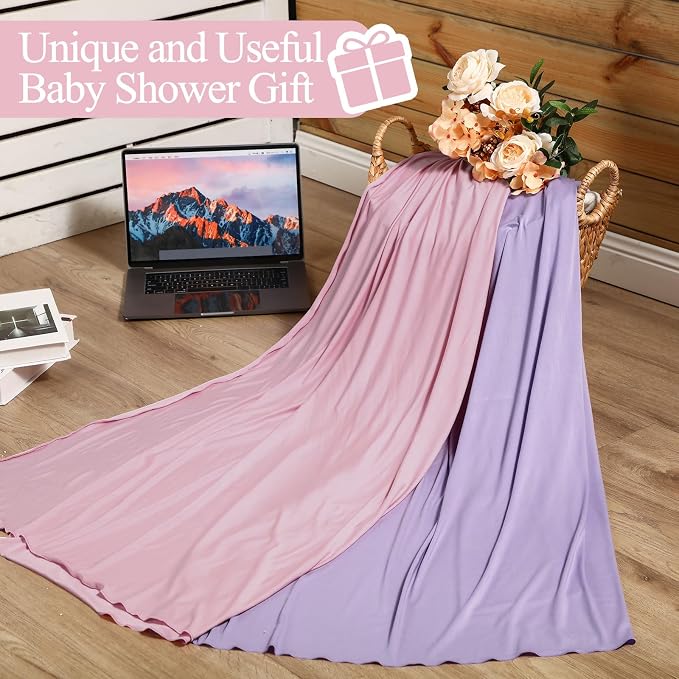 JaGely 2 Pcs Stretchy Baby Swaddle Blankets Set with Hats Extra Soft 47" x 47" Newborn Nursery Swaddle Wrap for Baby Girls and Boys(Pink, Light Purple)