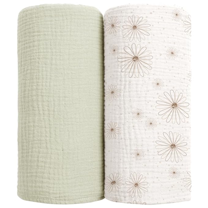 lulumoon Muslin Swaddle Blankets for Baby: Cotton & Soft Receiving Blanket for Newborn with Flower Printed- Neutral Gift for Baby Shower 2pack(GreenDaisy)