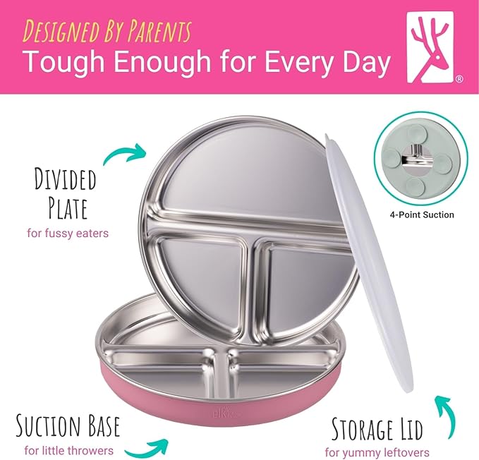 Elk and Friends Stainless Steel Divided Plates with Silicone Sleeve for Babies & Toddlers | Lids Included | Stay Put Suction | Dinner & Snack Plates | 2 Pack
