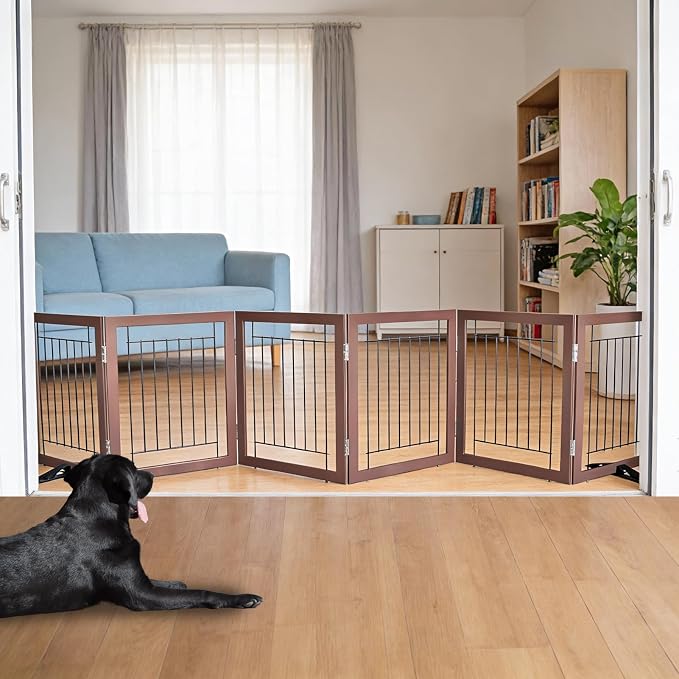 Dog Fence Indoor - 6-Panel Freestanding Dog Gate for Doorways, Hallways, House or Stairs -120x24-Inch Retractable Foldable Expandable Wood Pet by SFJC (Brown)