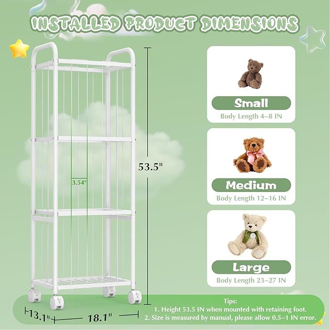 Stuffed Animal Storage Metal Tube Extra Large Toy Storage Organizer with Brake Wheels, Stuffed Animal Holder Zoo Organizer for Nursery Playroom Kids Room White(53.5??x 18.1?�x 13??