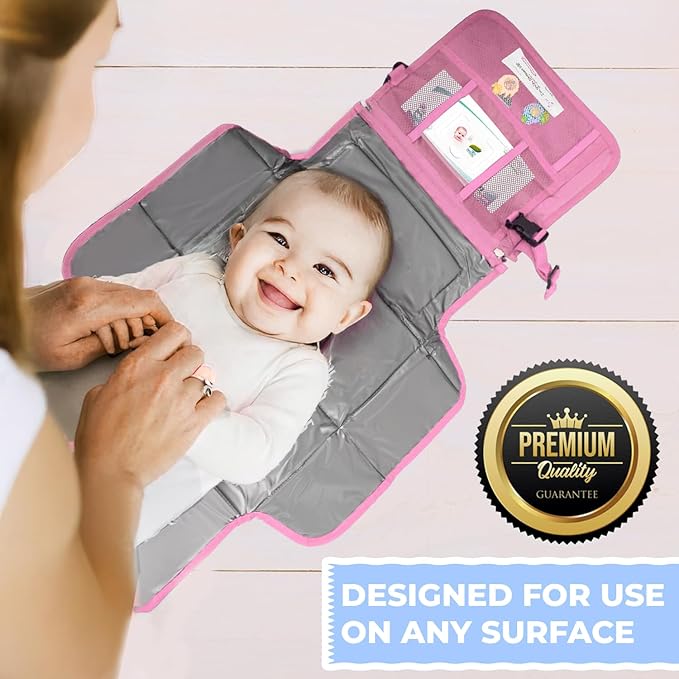 Portable Diaper Changing Mat, Fits Most Changing Tables, One-Hand Hook-and-loop fasteners, Front Touchscreen-Friendly Pocket (Pink)