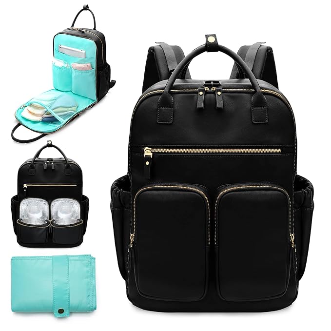 MOMINSIDE Diaper Bag Backpack, Leather Baby Bag with 18 Pockets, Diaper Backpack for Women Mom, Travel Baby Bag for Girl Boy, Large Wet Pocket, 4 Insulated Pockets, Stroller Straps, Black