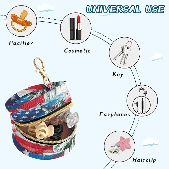 Pacifier Holder with Clip Pacifier Case for Diaper Bag Round Baby Pacifier Pouch Box Bag Portable Statue of Liberty and Patriotic Flag Dove