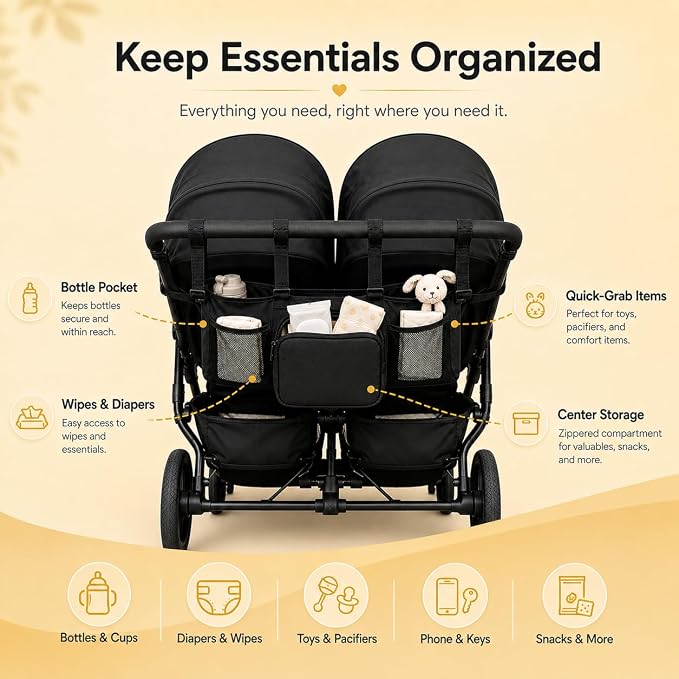 Double Stroller Organizer for Bob Duallie Baby Jogger City Mini GT2 Jeep,Adjustable Straps Universal Caddy Organizer with Cup Holders, Large Storage Accessory Bag