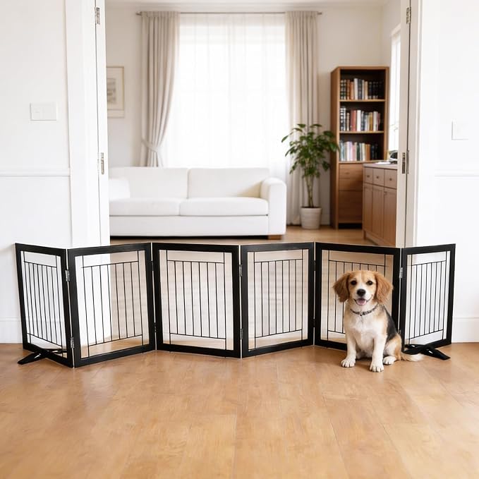 Dog Fence Indoor - 6-Panel Freestanding Dog Gate for Doorways, Hallways, House or Stairs -120x24-Inch Retractable Foldable Expandable Wood Pet by SFJC (Black)