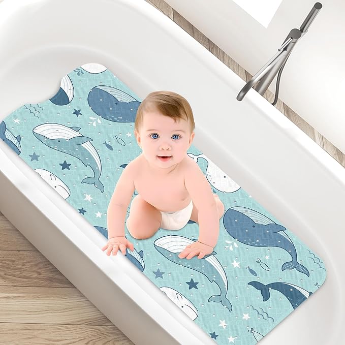 Whale Ocean Bathtub Shower Mat Cute Star Non-Slip Tub Extra Long Bath Floor 40X16 Inch Machine Washable for Bathroom Tub Bath Mat for Toddler and Baby