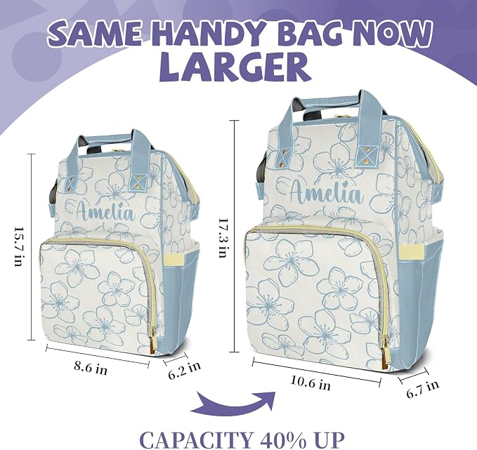 Custom Diaper Backpack, Upgraded Large Capacity Baby Changing Bag, Personalized with Name, Multifuction Mommy Backpack with Insulated Pockets for Boys Girls, Floral