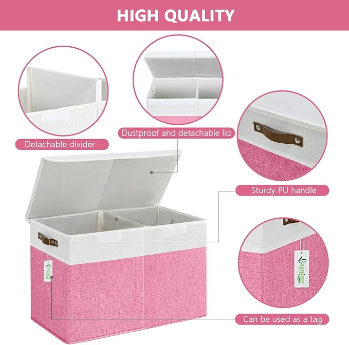 Bagnizer Large Toy Storage Box with Lids, Collapsible Sturdy Baby Storage Organizer Chest Bin Basket for Kids, Boys, Girls, Playroom, Nursery, Bedroom, Closet 25"x13"x16" (Pink and White)