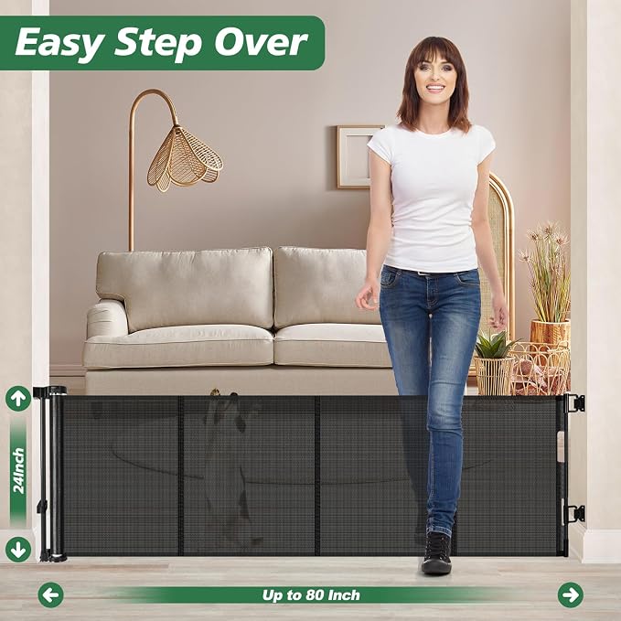 24" Tall X 80" Wide Retractable Baby Gates, Short Dog Gates to Step Over, Reinforced Mesh Pet Gate with Support Rods, Small Puppy Gates for The House, Black