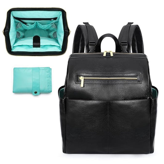 MOMINSIDE Diaper Bag Backpack, Leather Backpack with 16 Pockets for Mom Dad, Baby Registry Search, Fits 15 Inch Laptop, 4 Insulated Pockets, Silver Zipper, Black