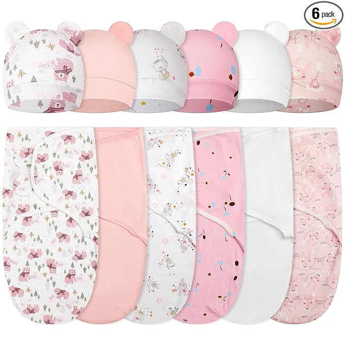 Ramede 6 Pack Swaddle Blanket with Hats for Baby Girl Boy 100% Cotton Swaddles 0-3 Months, Adjustable Breathable Skin Friendly Receiving Blanket Wrap, Essential for Newborns(Bear,Pink)