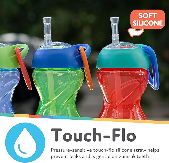 Nuby No-Spill Clik-It Flexi Straw Sippy Cup with Carabiner Clip - (3-Pack) 10 oz - Baby Sippy Cup for 6+ Month Old with Easy Grip - Red/Green/Blue
