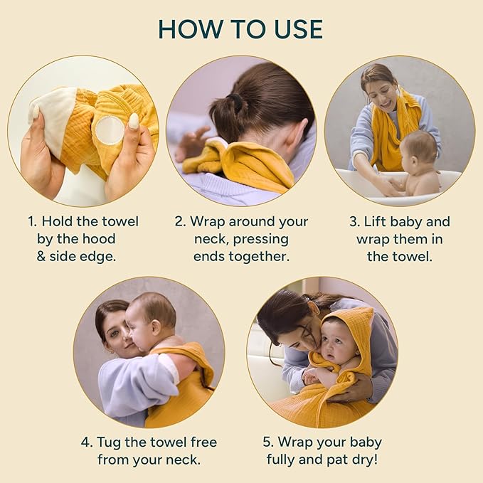 Hands-Free Hooded Towel 100% Organic Premium Muslin Cotton, 30" x 30", Ultra-Absorbent, Soft, Breathable, Hypoallergenic, Multipurpose, Gifts for Babies & Infants