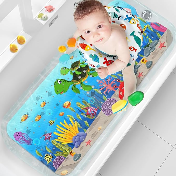 Upgrade Cartoon Baby Bath Mat Non Slip - 40"x16" Extra Long Bathtub Mat for Baby Eco Friendly Durable Bath Mat for Tub Non Slip Kids Tub Mat with Suction Cups, Machine Washable and No Fading, Turtle