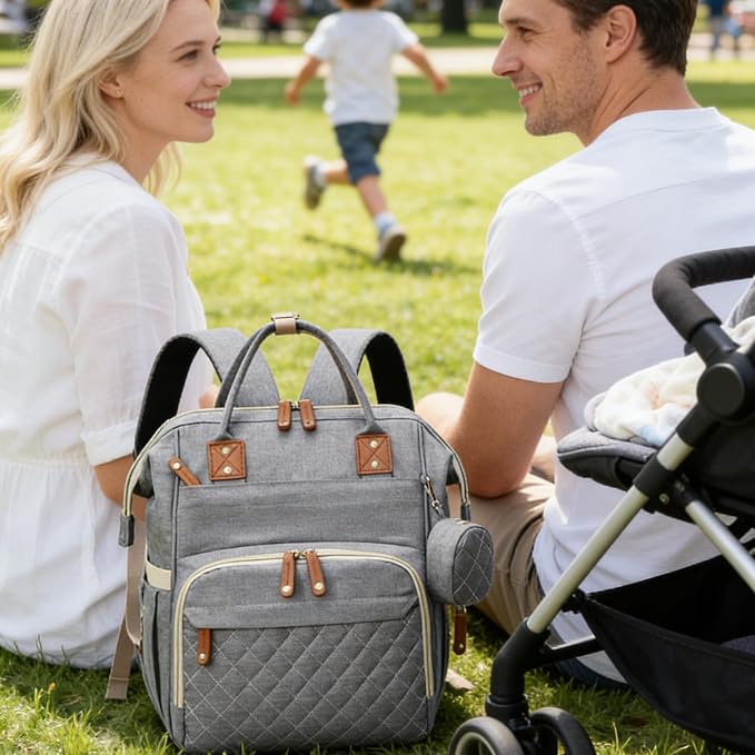 Black Diaper Bag Backpack, Multifunctional Waterproof Mommy Bag with Changing Pad, USB Port, Stroller Straps, Large Capacity Baby Travel Bag (grey)