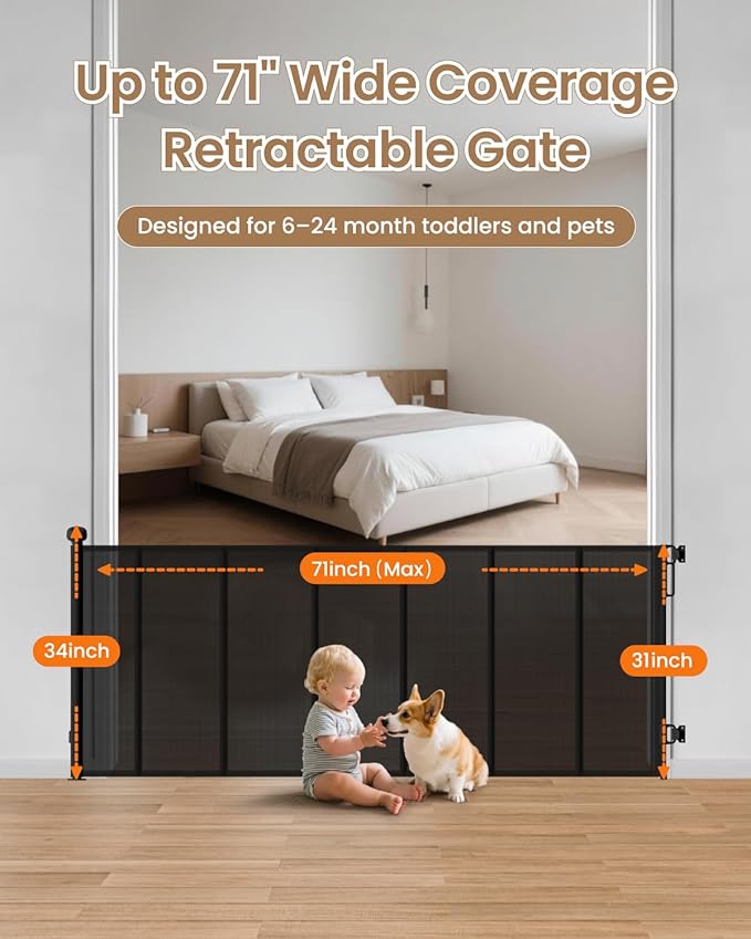 Mesh Dog Gate 71" Wide 34" Tall, Retractable Gate for Dogs with Reinforced Rod Design, One-Hand Operation, Mesh Pet Gate Fits Over Baseboards for Indoor Use, Black