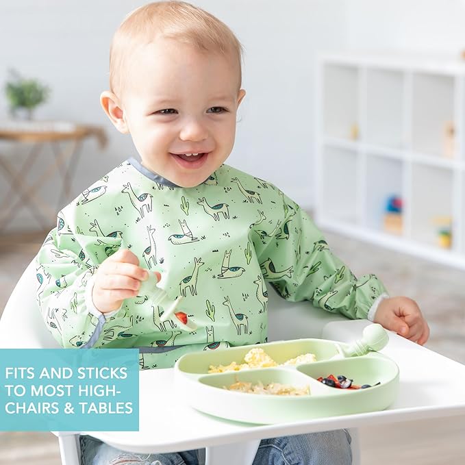 Bumkins Toddler and Baby Suction Plate, Divided Grip Dish for Babies and Kids, Baby Led Weaning, Feeding Supplies, Sticks to Tables and Highchairs, Platinum Silicone, for Chidren 6 Months, Sage