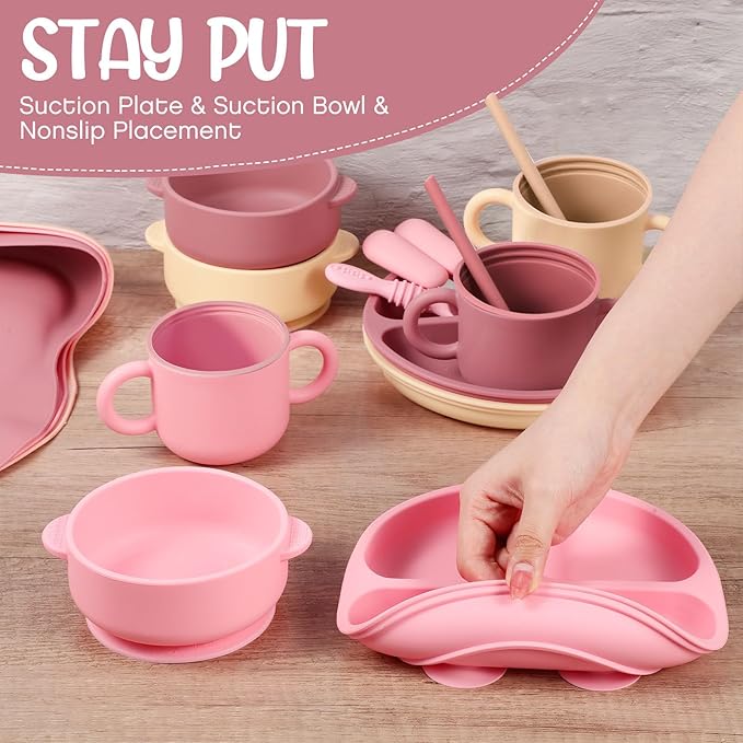 24 Pack Silicone Baby Feeding Set Baby LED Weaning Supplies Includes Suction Divided Plates Soft Bowl Spoons Forks Adjustable Bib Snack Cup and Straws(Pink, Dark Pink, Nude)