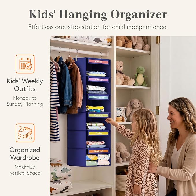 Lifewit 6 Shelf Weekly Clothes 0rganizer for Kids, Baby Hanging Closet Storage with Color Labels for School Outfits, Todder Daily Clothing Divider with Days of The Week Monday to Friday Weekend, Blue