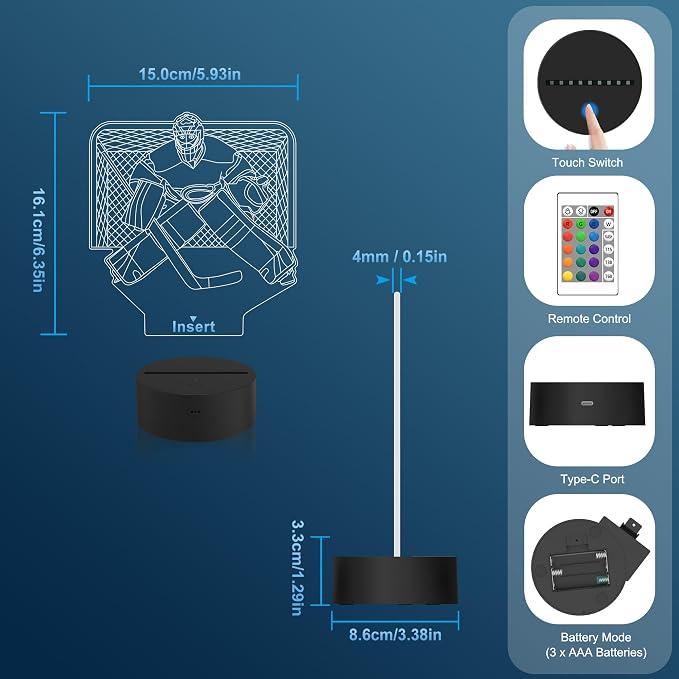 Attivolife Ice Hockey Goalie 3D Night Light, Hockey Illusion Lamp with 16 Color Changing + Remote Control + Timer, LED Desk Room Decor Cool Birthday Christmas Gifts for Kids Boys Men Sports Fan