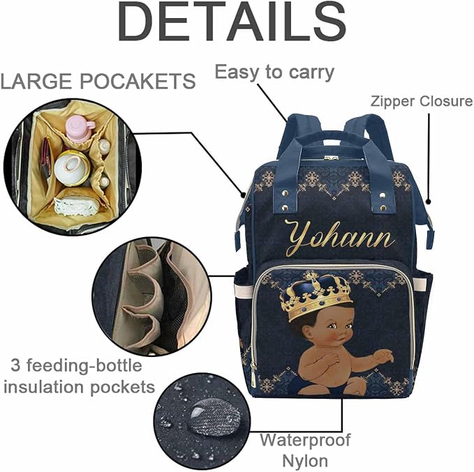 M YESCUSTOM Personalized Baby Diaper Bags for Women Men, Custom Blue Black Prince Backpack Customized Nappy Mommy Bag Backpack for Son Daughter Travel, Camping, Hiking Picnic