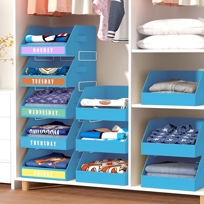 DIMJ Closet Organizers Storage Bins - Clothes Organizer Kids with Weekly Labels & Frame, Stackable Basket Organization, Foldable Shelf Storage Container for Wardrobe Bedroom