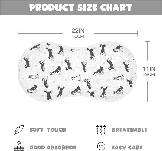1 Pack Muslin Burp Cloths Husky Dogs White Cotton Baby Burp Cloths Ultra Absorbent Soft Burping Cloth Washcloths for Baby Boys Girls 22x11 Inch