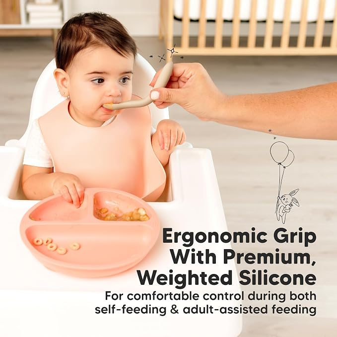KeaBabies 3-Pack Silicone Baby Spoons and 3-Pack Waterproof Baby Bibs for Eating - Toddler First Food Training Spoon - Lightweight Boys & Girls Bib with Food Catcher