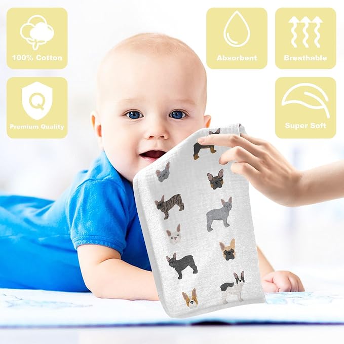 vvfelixl Baby Cotton Washcloths Different French Bulldog Infants Bath Towel for Unisex Puppy Face Towels for Newborn, Natural Baby Wipes Delicate Skin, 11.8 X 11.8 inch, one sizex5