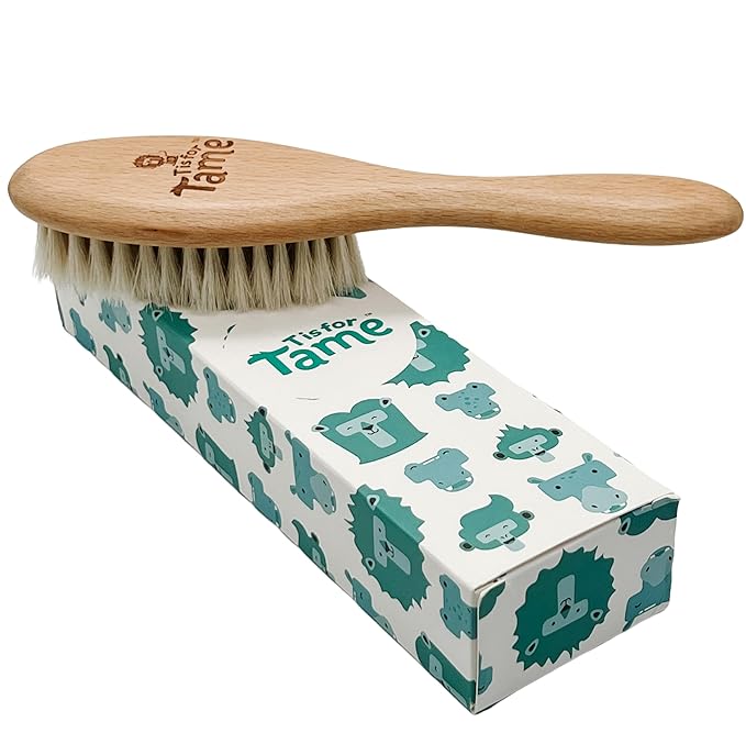 T is for Tame - Ultra Soft Premium Wooden Hair Brush, Natural Bristles for Delicate Baby Scalps, Prevents Cradle Cap, Real Beech Wood Handle (Single Brush)