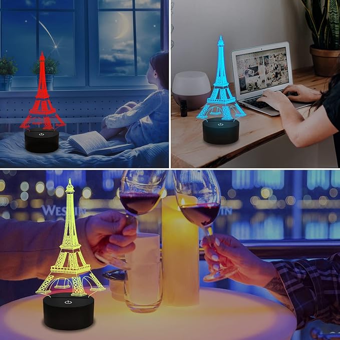 FULLOSUN Eiffel Tower Nightlight 3D Illusion Lamp Visual Bedroom Decoration LED Lamp with Remote Control 16 Color Changing Paris Fashion Style Acrylic Gifts for Birthday Xmas