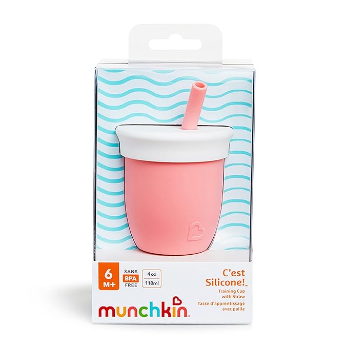 Munchkin Straw Cup with Removable Lid, for Babies and Toddlers 6 Months and Up, 4 Ounce, Silicone, Coral/Pink