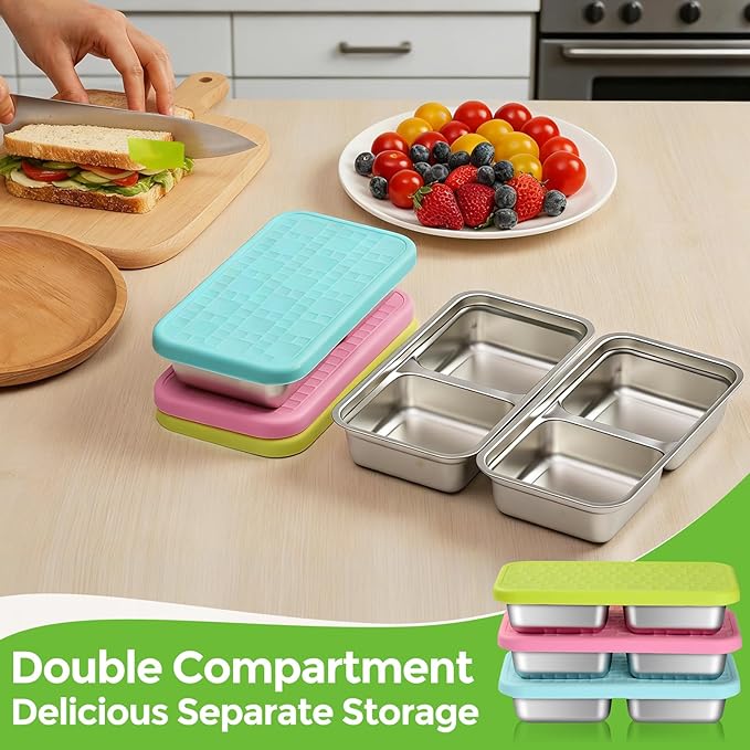 Stainless Steel Snack Containers, 3-Pack Double Compartment Food Preservation Bento Box with Silicone Leakproof Lids, 15oz Reusable Divided Food Storage Containers for Lunch Prep, Travel, Camping