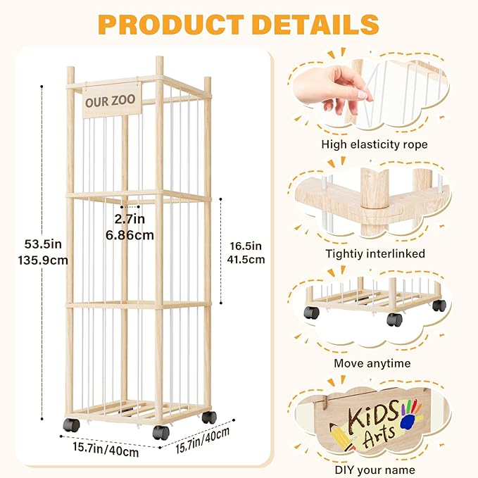 Dayacoco Stuffed Animal Storage with Brake Wheels, Wood Stuffy Animal Storage Zoo Holder Bin, Large Capacity Toy Organizer with Elastic Band and Net for Nursery Play Room Bedroom (Pine Wood 54in)