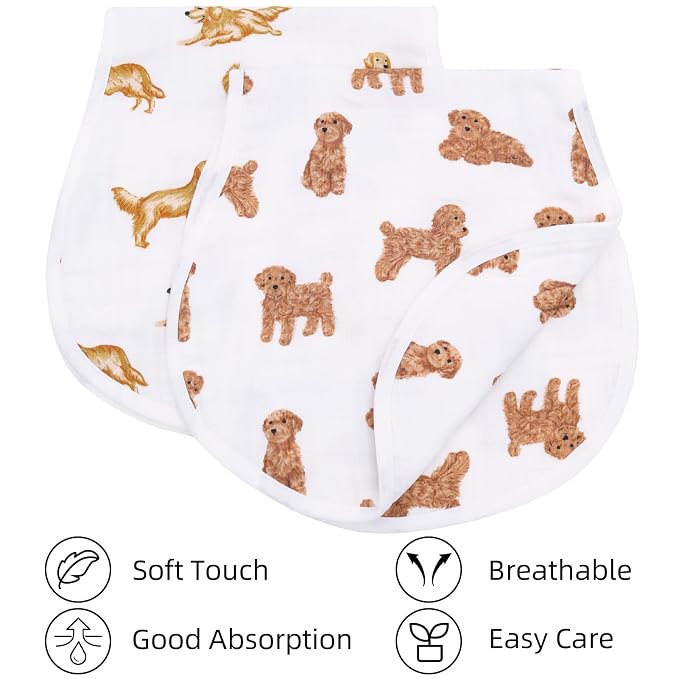 LifeTree Muslin Baby Burp Cloths - 2 Pack 70% Viscose from Bamboo and 30% Cotton Large 22'' by 10.6'' Absorbent Milk Spit Up Rags - Burping Cloths for Newborn, Girls Boys, GoldenRetriever & PoodleDog