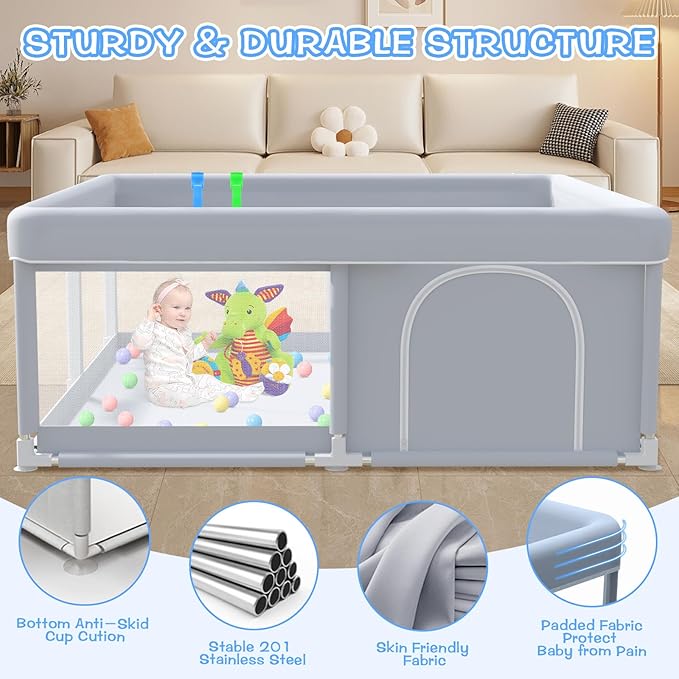 XVISHX Baby Playpen 50 x 50 Inch Play Pen Playards, Playpen for Babies and Toddlers, Baby Playard for Indoor & Outdoor Active Center Game Fence, with Skin-Friendly Fabric and Soft Breathable Mesh Grey