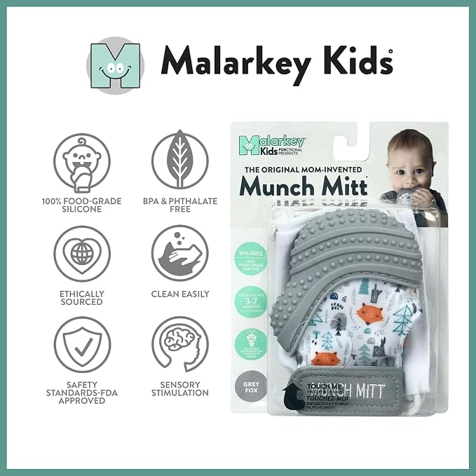 Munch Mitt Patented Teething Mitten Baby Chew Toy - Protects Hands from Chewing & Saliva, Heals Aching Gums, Promotes Sound & Visual Stimulation for Babies - Grey Fox