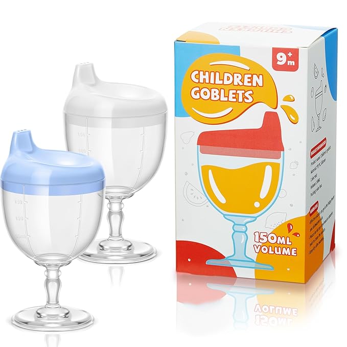 Irenare 2 Pcs Baby Wine Sippy Cup Plastic Goblet Cup No Spill Toddler Sippy Goblet Beverage Milk Water Bottle for Kids Holiday Birthday Party Funny Gift (Goblet Style,Blue,White)