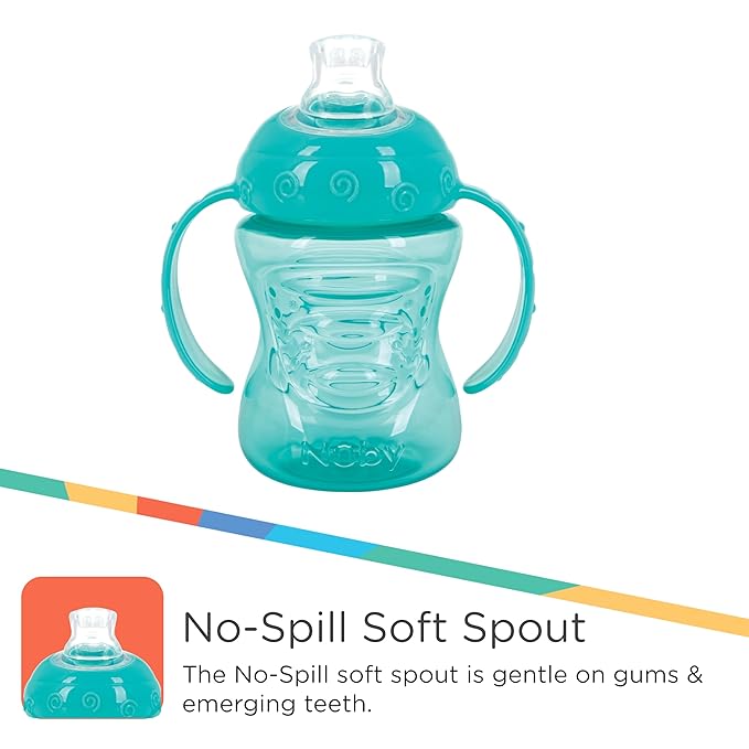 Nuby 3 Pack Two Handle No Spill Toddler Sippy Cups - Toddler Cups Spill Proof with Easy and Firm Grip - Aqua, Blue, Green