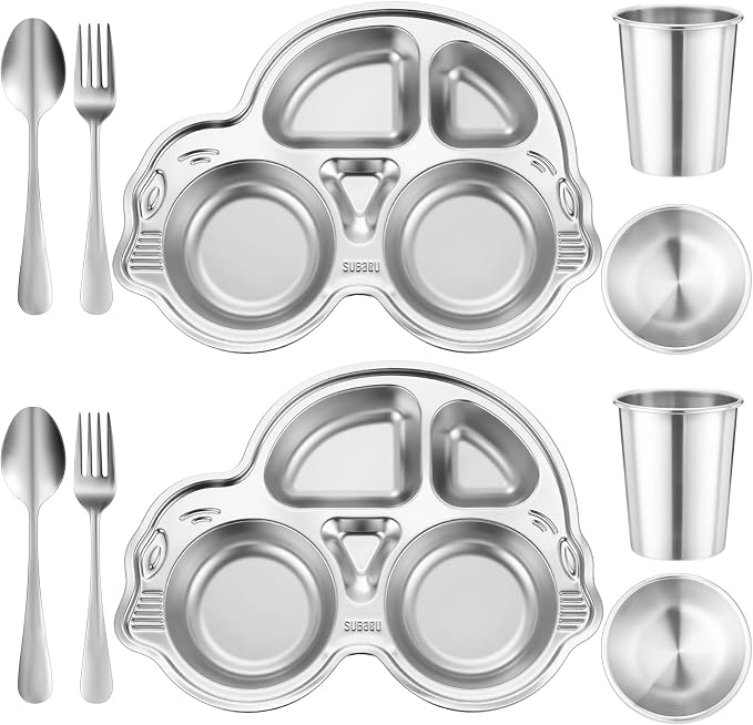 Jinei 10 Pieces Kids Stainless Steel Utensils Set Include 2 Car Shaped Plates, 2 Bowls, 2 Cups, 2 Spoons, and 2 Forks, Stainless Steel Dinnerware Set for Toddler Utensils Silverware