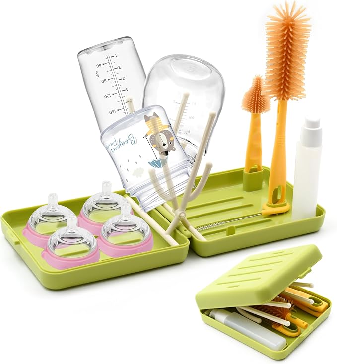 Portable Baby Bottle Brush Kit Premium Silicone Bottle Cleaner Brush, Nipple Brush, Straw Brush, Soap Dispenser, Bottle Drying Rack, and a Storage Organizer Case for Both Home and Travel Uses (Green)