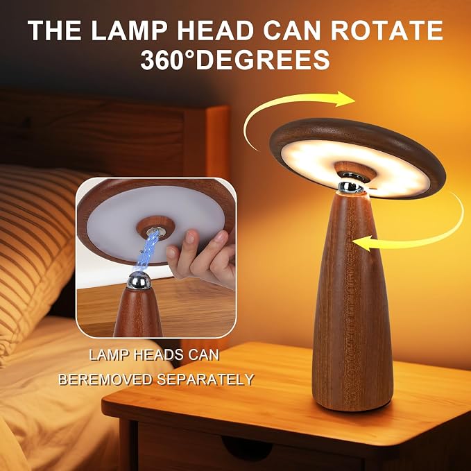 LONRISWAY LED Wood Portable Cordless Touch Switch Small Wooden Mushroom Lamp,Rechargeable Battery Operated, Stepless Dimming, 360 Degree Rotation Angle Adjustable Night Light