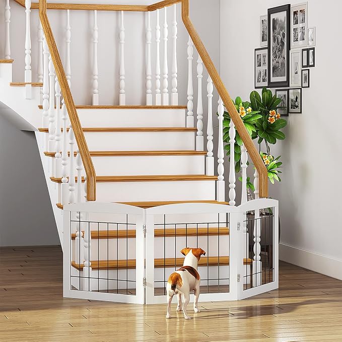 PAWLAND Free Standing Dog Gates for The House Stairs Doorways Indoor Foldable Wooden Small White Puppy Pet Gate Step Over Fence 60" W 24" H 3 Panels
